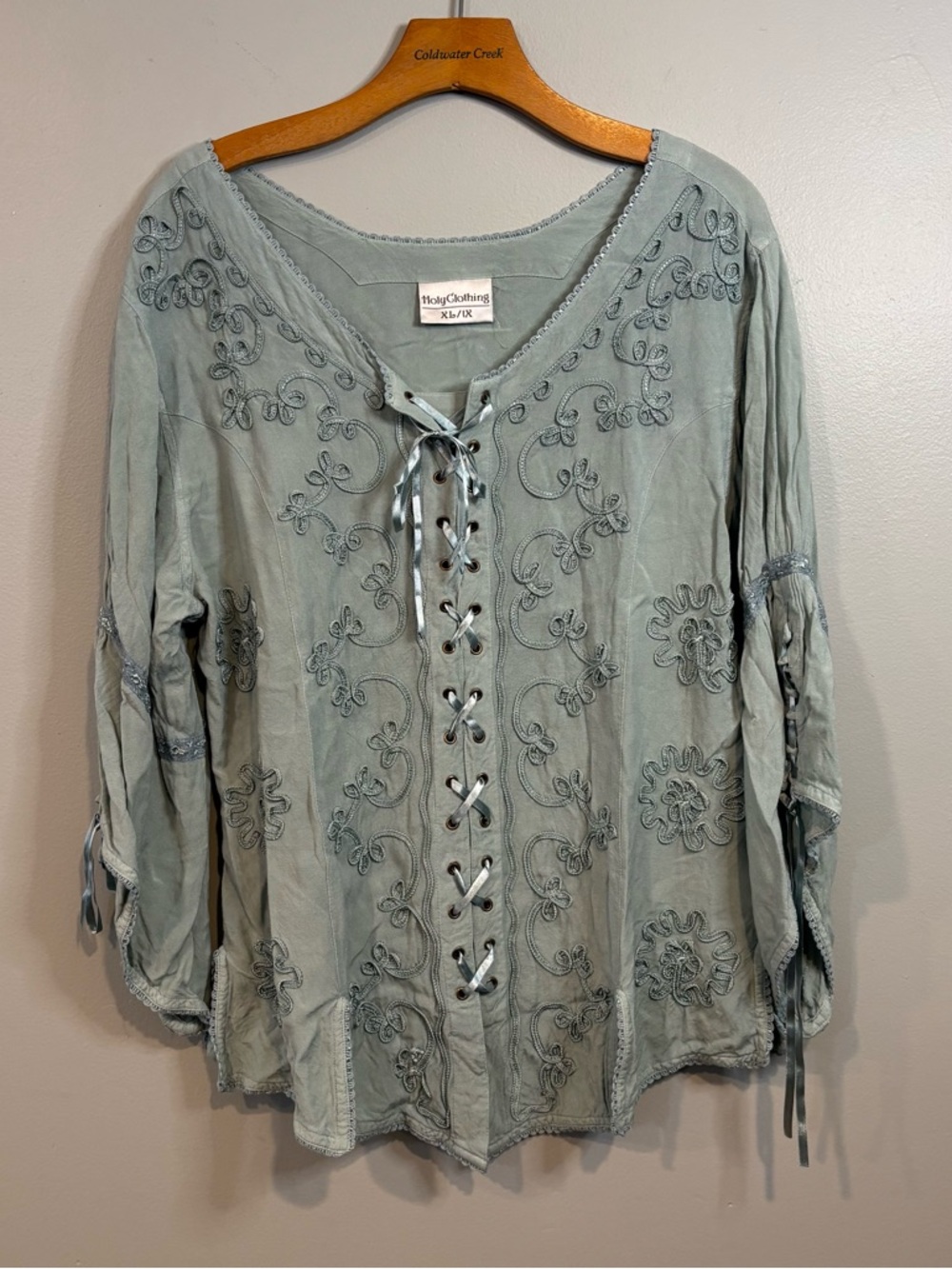 Holy Clothing XL/1X Top Embroidered Teal Blue/Green Lace-Up Women's Blouse
